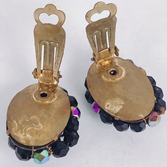 VTG Western German Glass AB Jet Black Cluster Clip On Earrings 1960s Cocktail - Picture 9 of 12